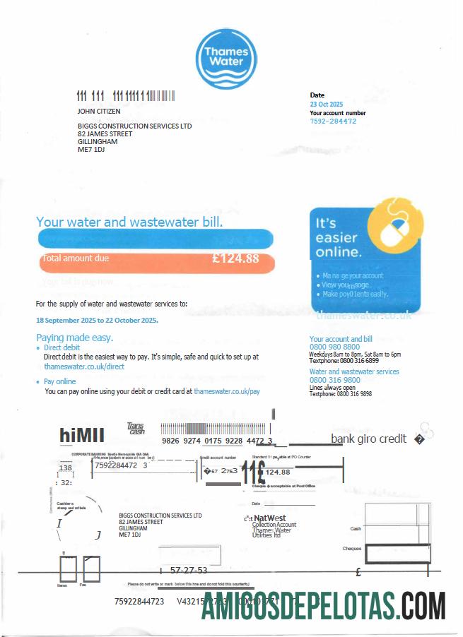 realista Modelo de conta de serviços públicos de água do Tâmisa do Reino Unido em formatos Word e PDF, versão 2